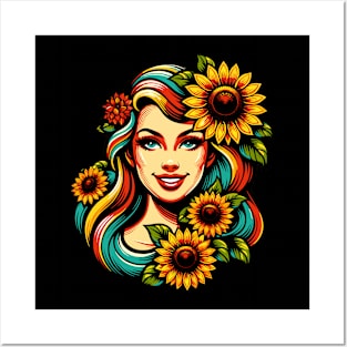 Woman with sunflowers Posters and Art